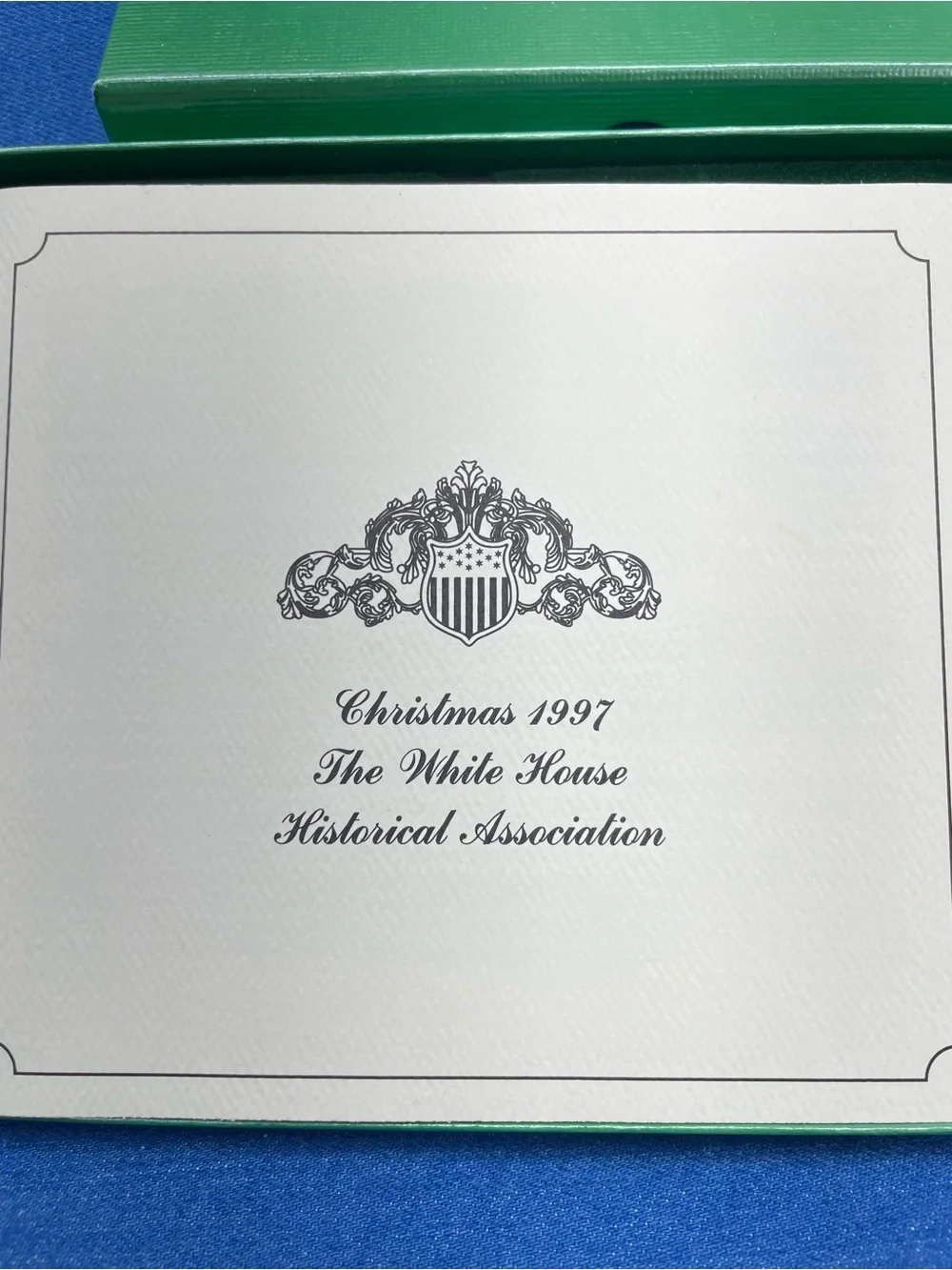 Gold Christmas 1997 White House Frame Ornament with Burgundy Ribbon